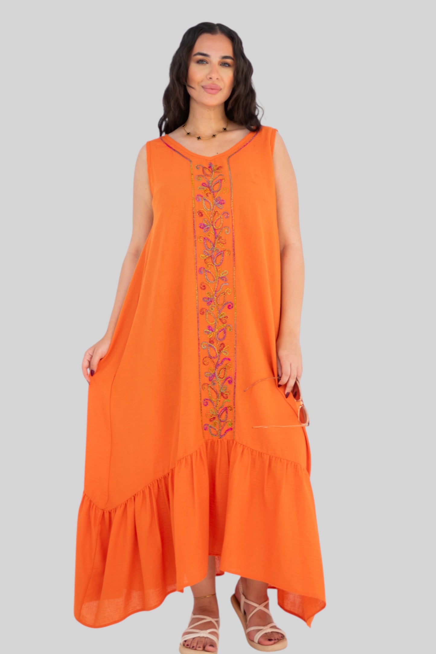 Orange embroidered ruffle dress
