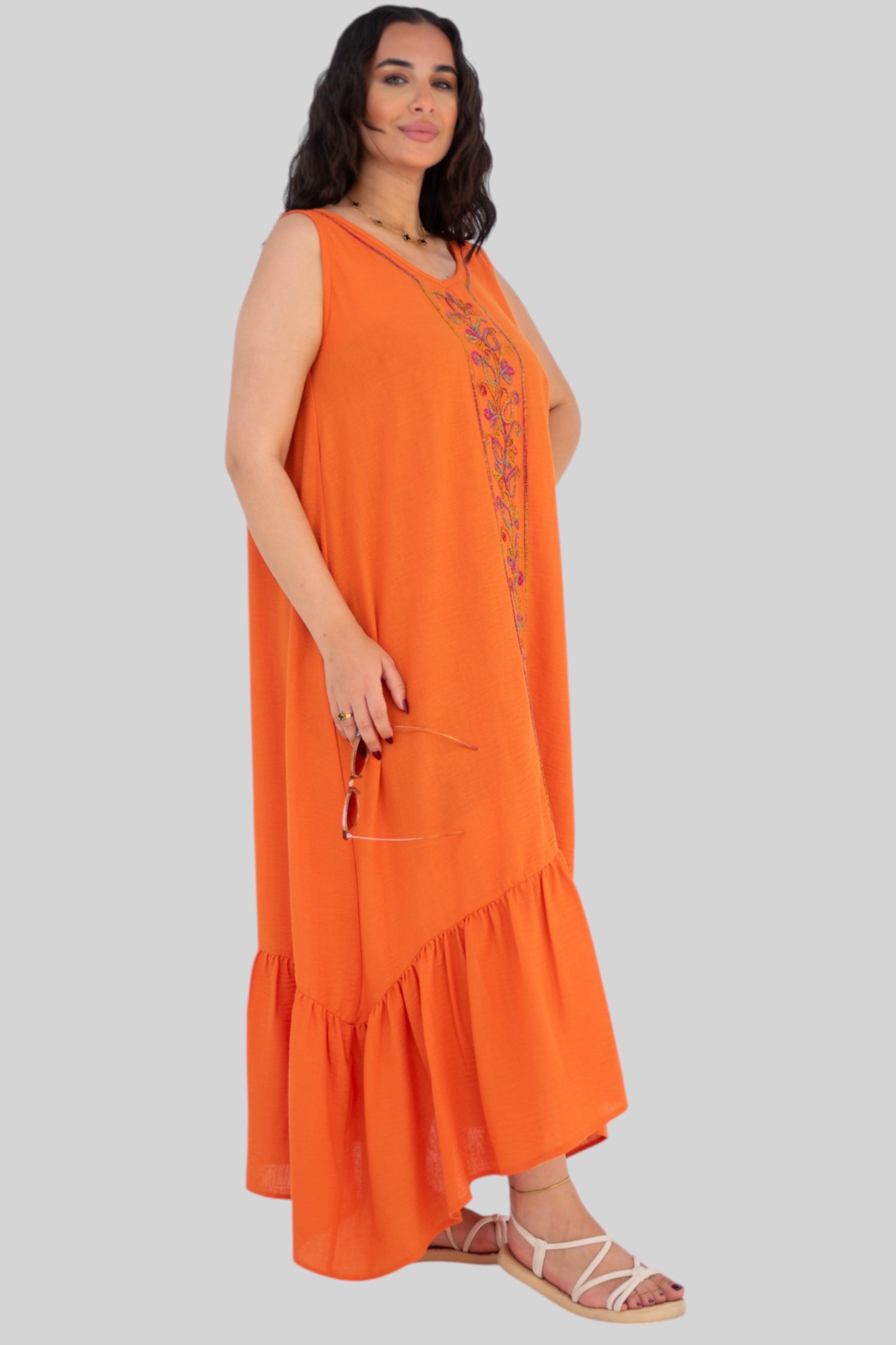 Orange embroidered ruffle dress