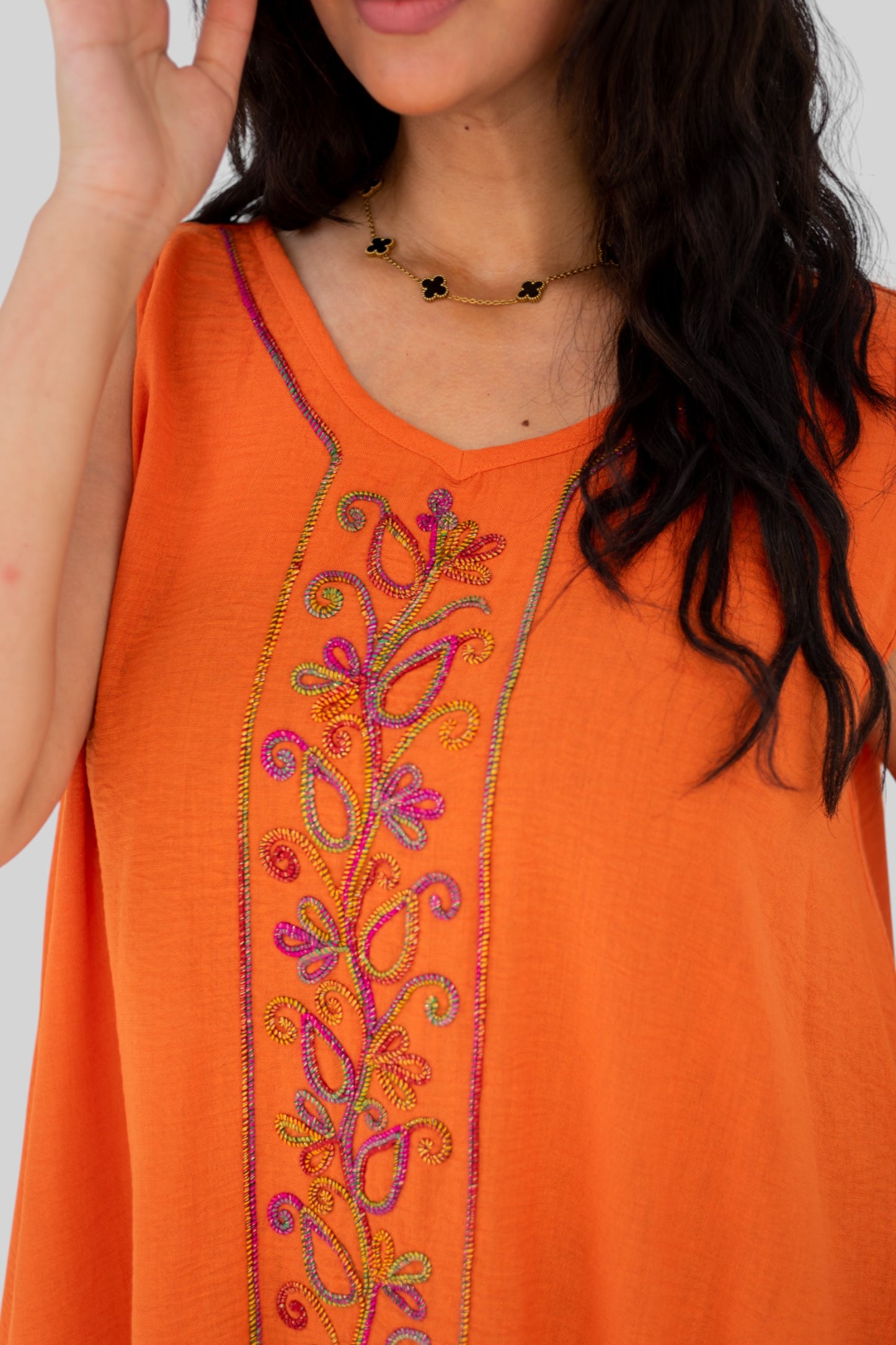 Orange embroidered ruffle dress