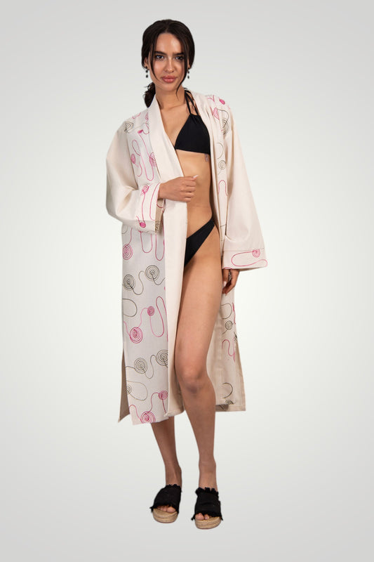 Embroidered linen kimono