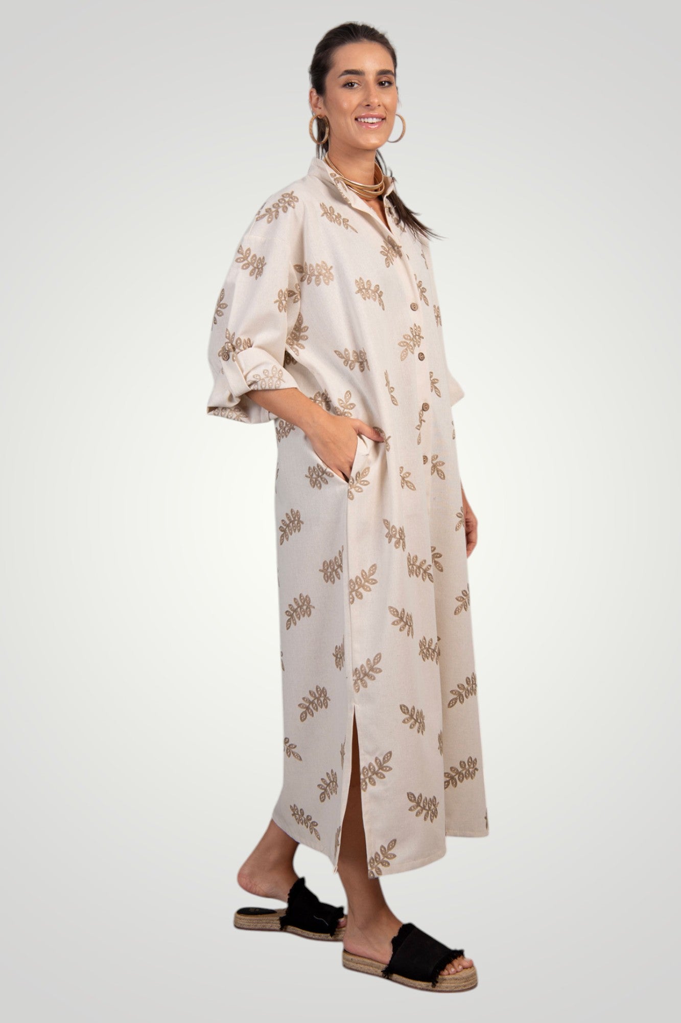 Embroidered linen shirt dress