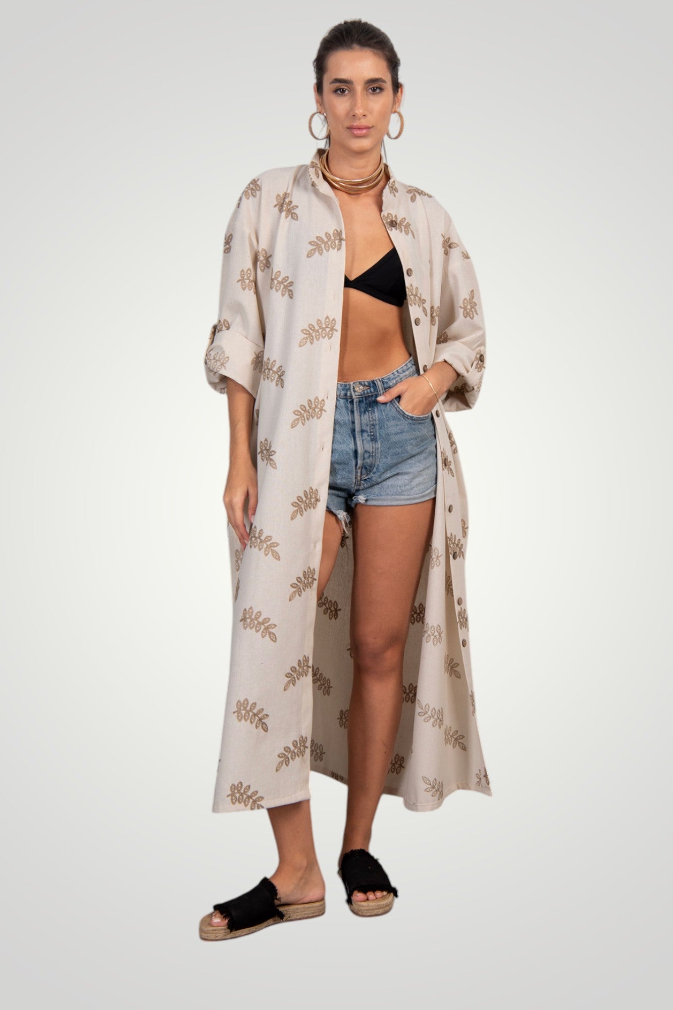 Embroidered linen shirt dress