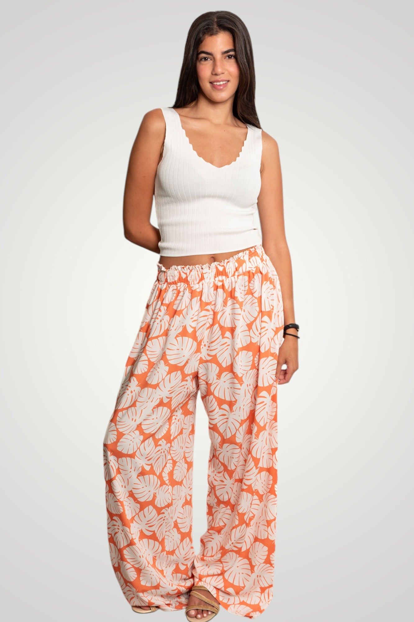 orange flowered pants