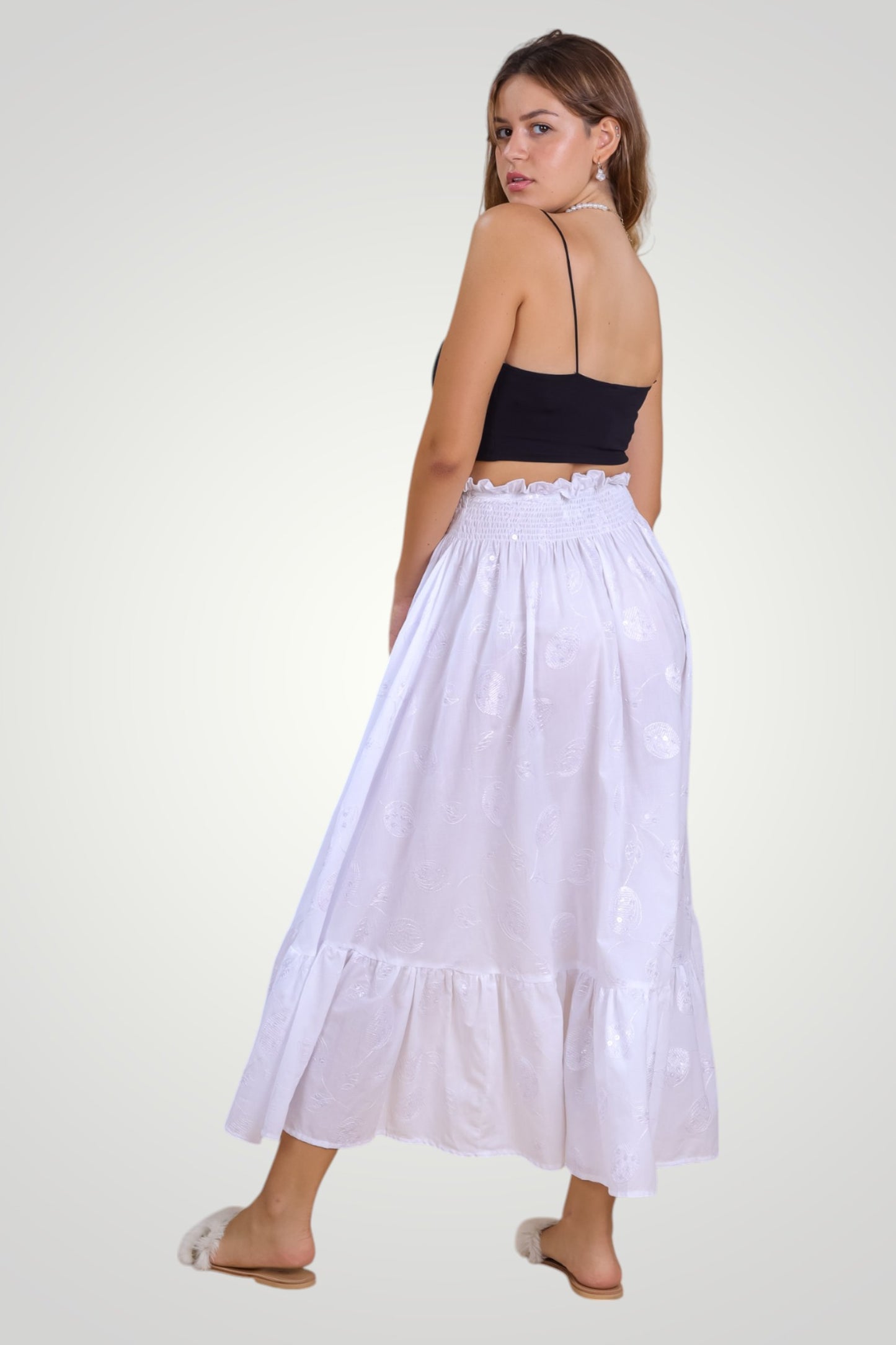 Embroidered cotton Ruffle Skirt