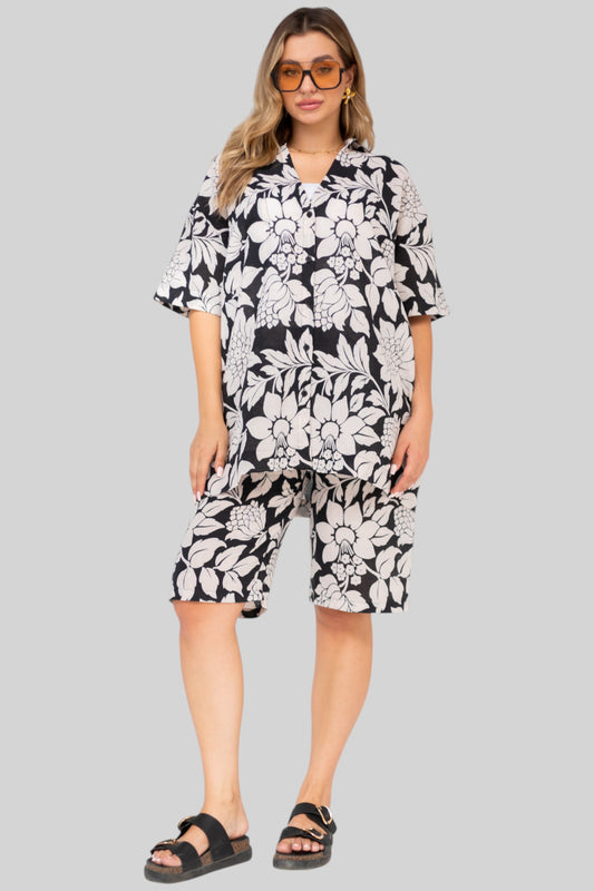 Black Flower Shorts Set