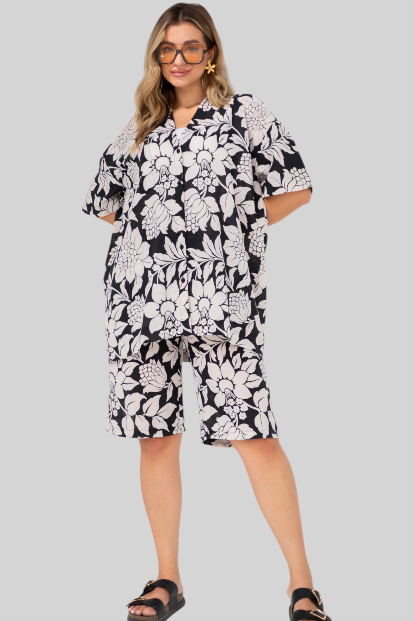 Black Flower Shorts Set