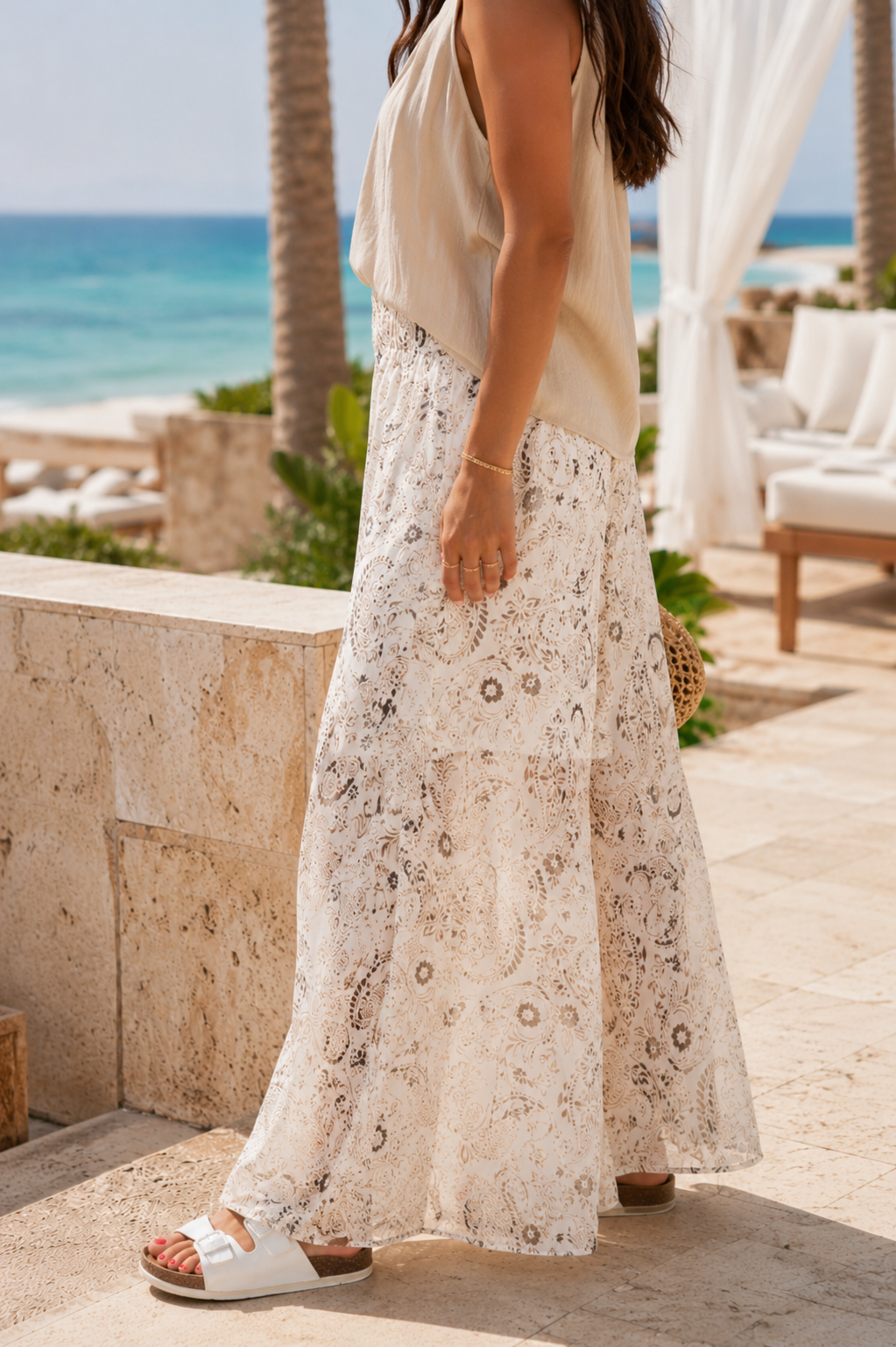 Beige chiffon pants