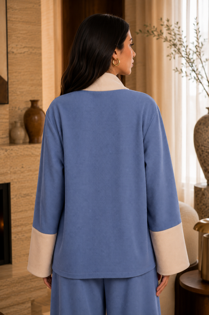 Blue/Beige Top with Scarf-Detail