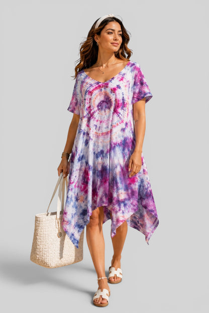Short Ice Tie Dye Dress - Purple x White