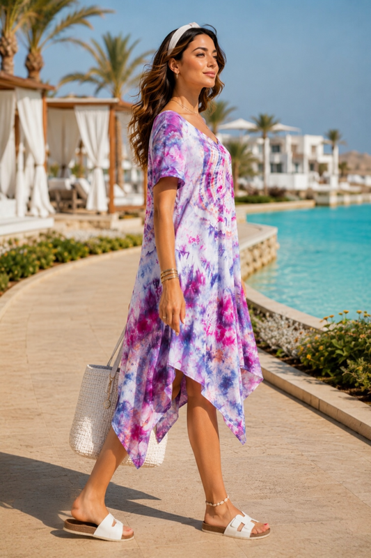 Short Ice Tie Dye Dress - Purple x White